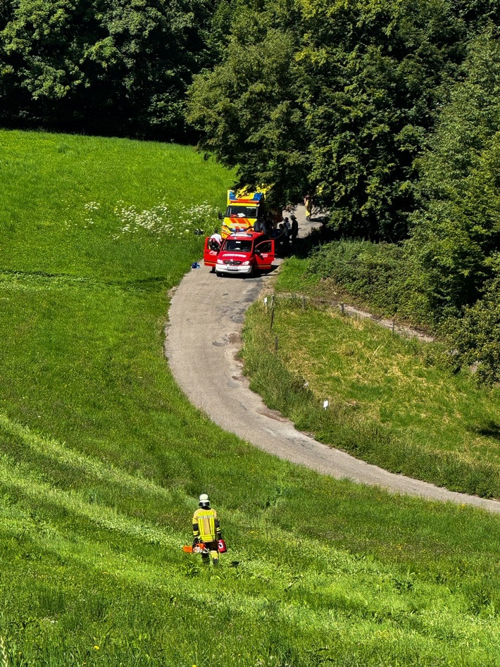FW Weinheim: Arbeitsunfall im Wald Feuerwehr und Rettungsdienst retten verletzte Person aus unwegsamem Gelände