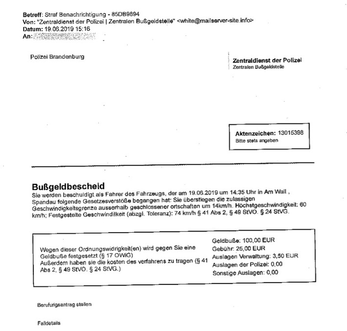 POL-HL: OH-Heiligenhafen
Achtung falsche Bußgeldbescheide per E-Mail -möglicher Trojaner