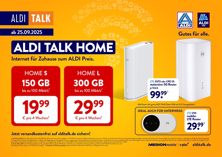 ALDI TALK startet erstmals eine Internetlösung für Zuhause - 300 GB inklusive 5G und WLAN-Router zum Discountpreis