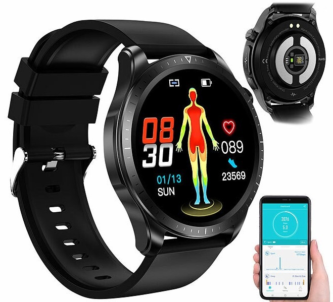 Umfassend informiert und effizient trainieren: newgen medicals Fitness-Smartwatch SW-500, EKG-, Herzfrequenz- & SpO2-Anzeige, App, IP67