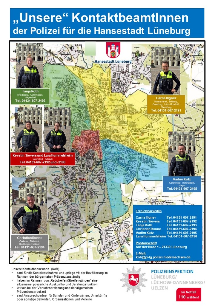 POL-LG: ++ Team der Lüneburger KontaktbeamtInnen komplettiert und aufgewachsen - Sextett nun in Lüneburg persönlich präsent und ansprechbar" ++