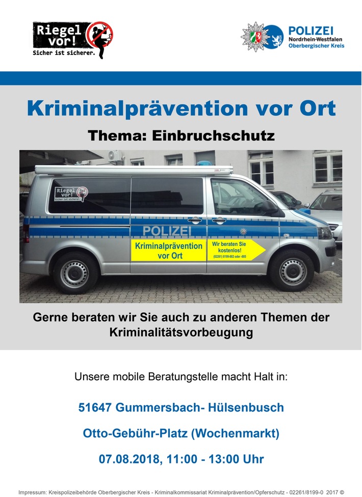 POL-GM: 020818-869:  Mobile Beratungsstelle der Polizei berät am 7. August auf dem Wochenmarkt in Gummersbach-Hülsenbusch
