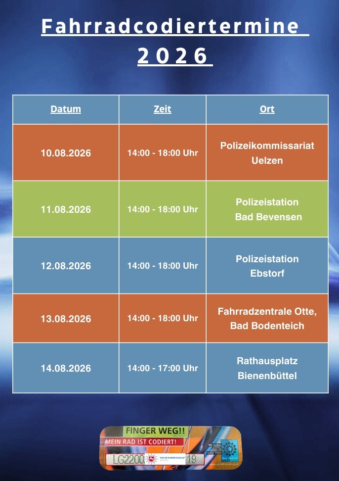 POL-LG: ++ Fahrräder & Pedelecs vor Diebstahl schützen: Codier-Woche im Landkreis Uelzen ++ Möglichkeiten vom 10. bis 14.08.26 an verschiedenen Örtlichkeiten im LK Uelzen ++ "Kommen Sie vorbei!