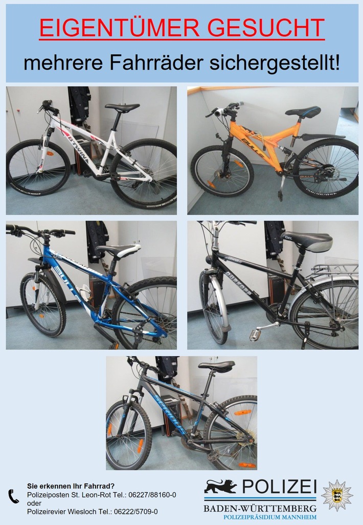 POL-MA: St. Leon-Rot/Rhein-Neckar-Kreis: Fahrräder sichergestellt - Eigentümer gesucht