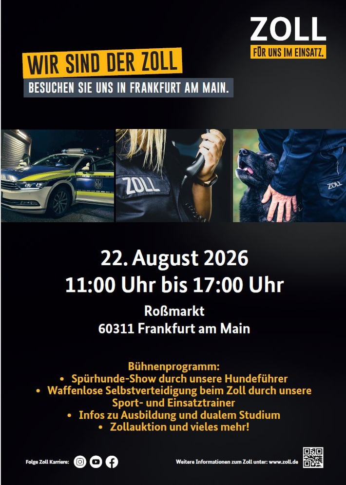 ZOLL-F: Presseinladung zur Veranstaltung "Wir sind der Zoll" am 22.08.2026 auf dem Roßmarkt in Frankfurt am Main