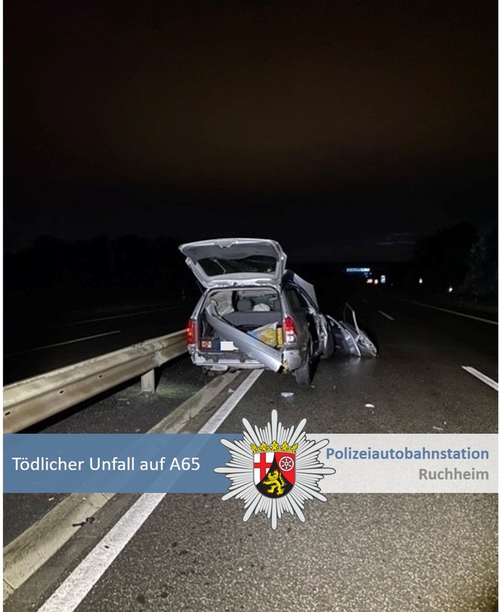 POL-PDNW: Gemeinsame Pressemeldung der Staatsanwaltschaft Frankenthal (Pfalz) und der Polizeiautobahnstation Ruchheim -Verkehrsunfall auf A65 endet tödlich - Zeugenaufruf