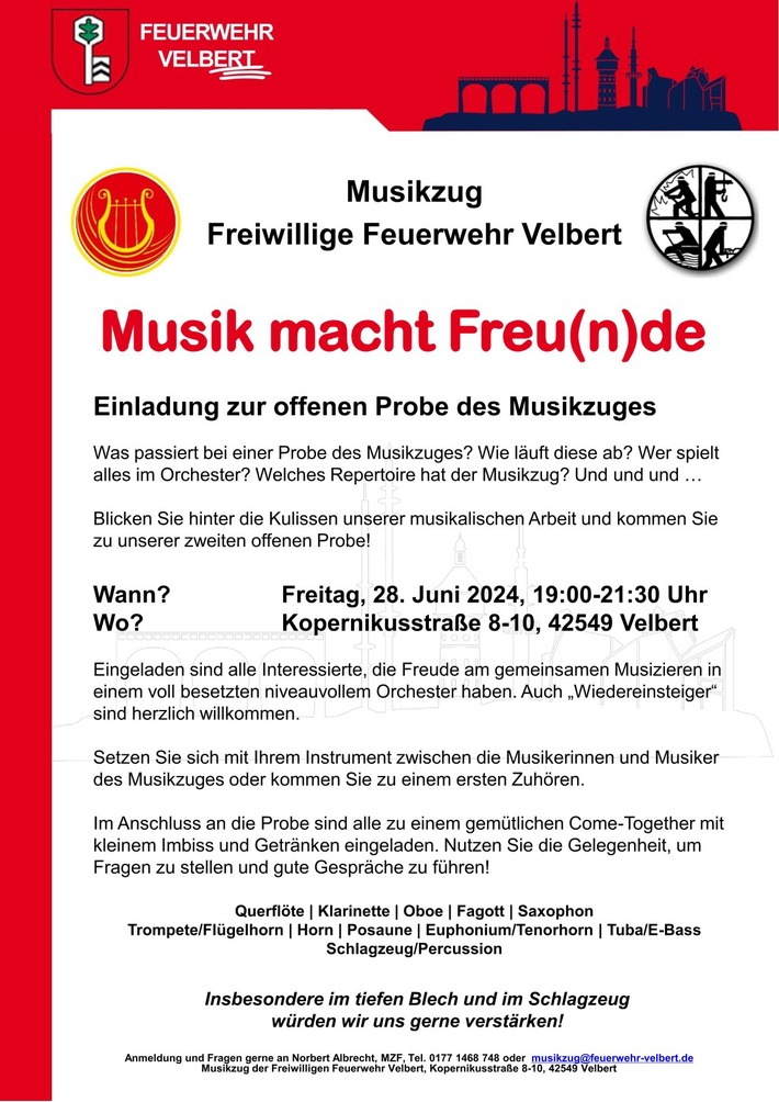 FW-Velbert: Offene Probe des Musikzugs der Feuerwehr Velbert