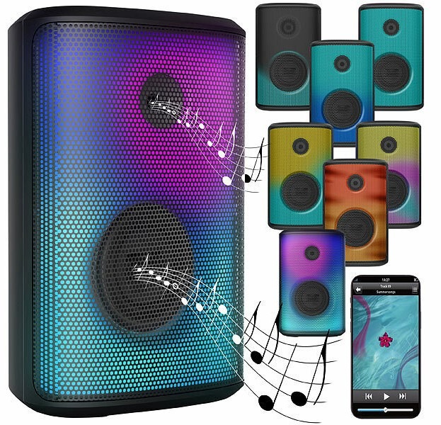 auvisio Mobile Outdoor-PA-Partyanlage &amp; -Bluetooth-Boombox PMA-800.k, Lichteffekte, 200 Watt: Starker Sound für die Party im Freien mit tollen Lichteffekten