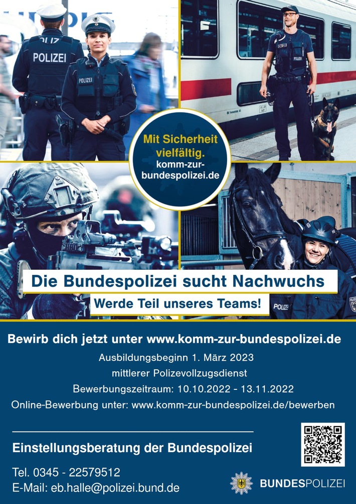 BPOLI MD: Gib Deiner Zukunft eine neue Richtung! Informationsveranstaltung der Bundespolizei am 26. Oktober 2022