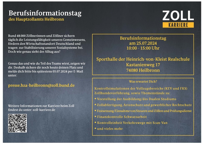 HZA-HN: Zoll Schnuppertag am 25. Juli 2024/Veranstaltung für ausbildungs- und studieninteressierte Jugendliche oder &quot;Neudurchstarter&quot;