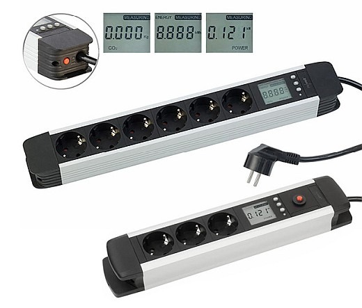 Stromkosten und CO2-Ausstoß überwachen: revolt 3- bzw. 6-fach-Alu-Steckdosenleiste mit Stromverbrauchszähler und LCD-Display