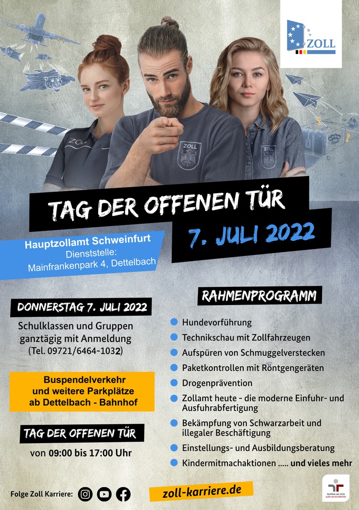 HZA-SW: Eingeschränkter Abfertigungsbetrieb am 7. Juli 2022 (Vorankündigung) Zollamt Dettelbach-Mainfrankenpark / Tag der offenen Tür des Zolls von 9 - 17 Uhr