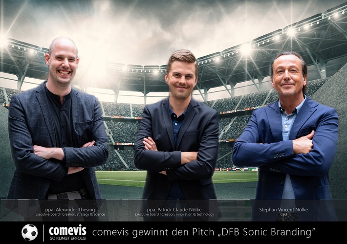 DFB Sound Branding - comevis gewinnt den Pitch / comevis Geschäftsleitung von links nach rechts: Alexander Thesing, Patrick Claude Nölke und Stephan Vincent Nölke (Geschäftsführer) / Weiterer Text über ots und www.presseportal.de/nr/116426 / Die Verwendung dieses Bildes ist für redaktionelle Zwecke unter Beachtung ggf. genannter Nutzungsbedingungen honorarfrei. Veröffentlichung bitte mit Bildrechte-Hinweis.