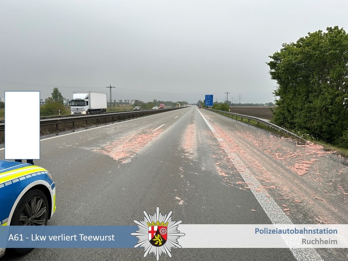 POL-PDNW: Polizeiautobahnstation Ruchheim - Sattelzug verliert Teewurst auf der A61. Autobahn muss gereinigt werden.