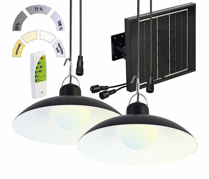 Lunartec Solar-LED-Doppel-Hängelampe, 2x 105 lm, Akku, Timer, warmweiß / weiß: Licht für Terrasse, Balkon und Garten ohne separaten Stromanschluss