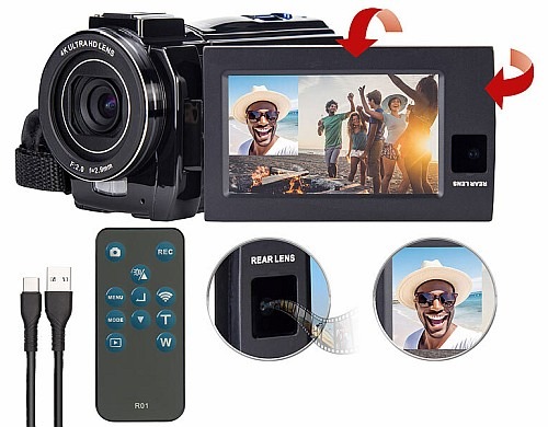 Zwei Videos gleichzeitig aufnehmen: Somikon Dual-Lens-4K-UHD-Camcorder DV-960.dual mit Sony-Sensor und FHD-Rückkamera