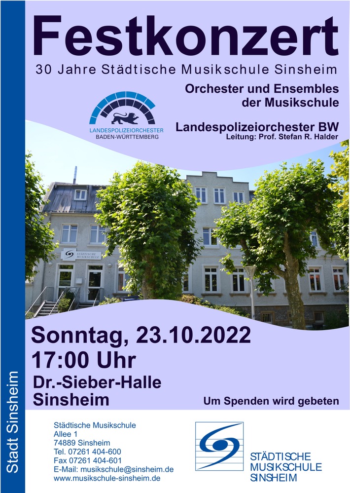POL-MA: Sinsheim: Jubiläumskonzert der Musikschule Sinsheim und des Landespolzeiorchesters Baden-Württemberg am 23.10.2022