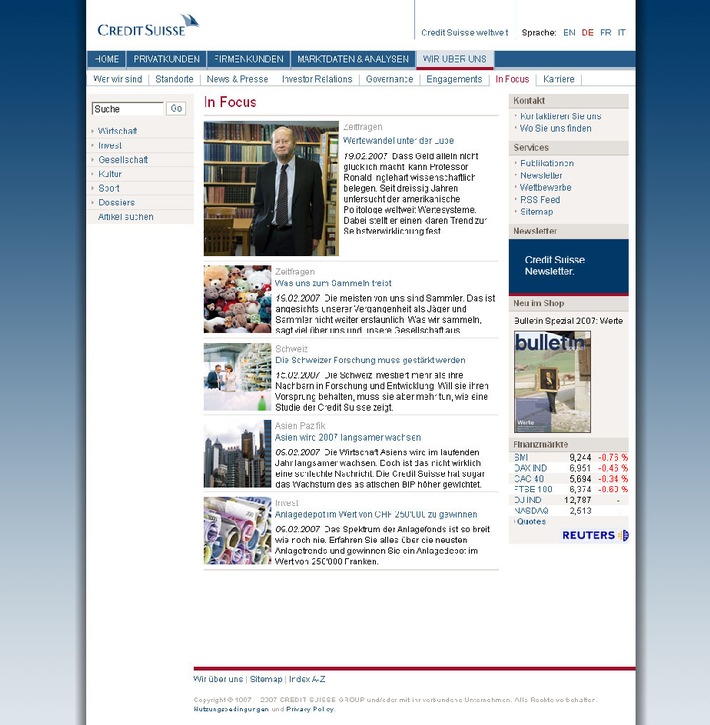 Mehr News für die Corporate Website der Credit Suisse