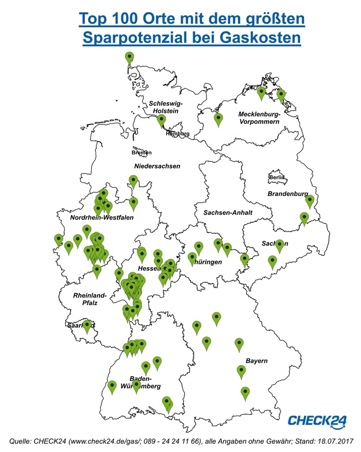 Gasanbieterwechsel: die 100 deutschen Städte mit dem größten Sparpotenzial