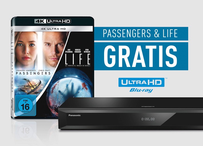 Gratis-Zugabe für Panasonic Ultra HD Blu-ray Player DMP-UB704 und UB404 ab September 2017 / Auspacken und Blockbuster &quot;Passengers&quot; und &quot;Life&quot; in 4K Ultra HD erleben