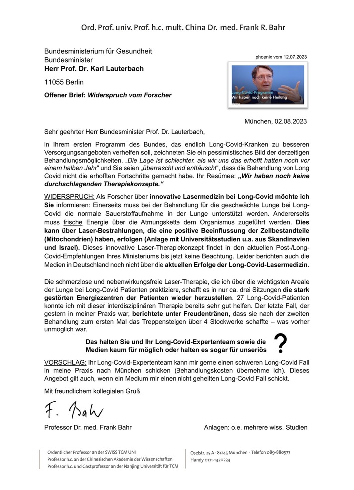Offener Brief: Prof. Dr. Frank Bahr aus München widerspricht Bundesgesundheitsminister Prof. Karl Lauterbach. Lasermedizin von BMG-Expertenteam noch nicht berücksichtigt