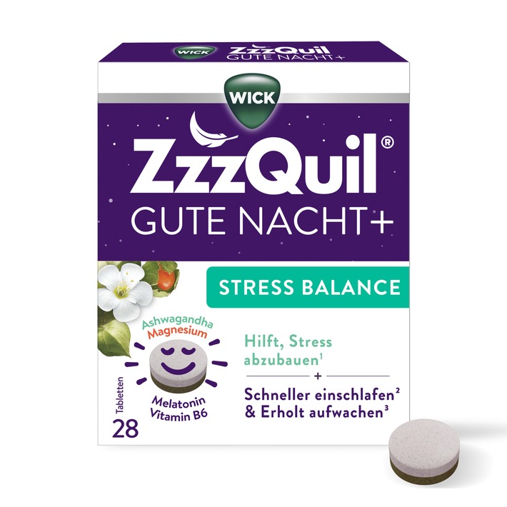 NEU von der Nr. 1 Schlafmarke in Europa[1] - WICK ZzzQuil® Gute Nacht + Stress Balance: Lösung für weniger Stress[2] und besseren Schlaf[3]