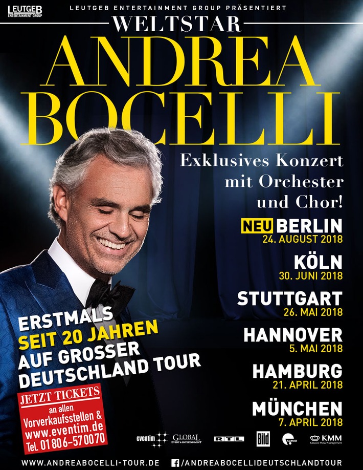 DIE SENSATION IST PERFEKT - Weltstar ANDREA BOCELLI gibt ein Konzert auf der Waldbühne in BERLIN am 24. August 2018!
