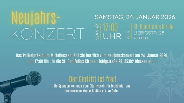 Mittelhessen: Neujahrskonzert 2026: Das Polizeipräsidium Mittelhessen lädt Bürgerinnen und Bürger ein
