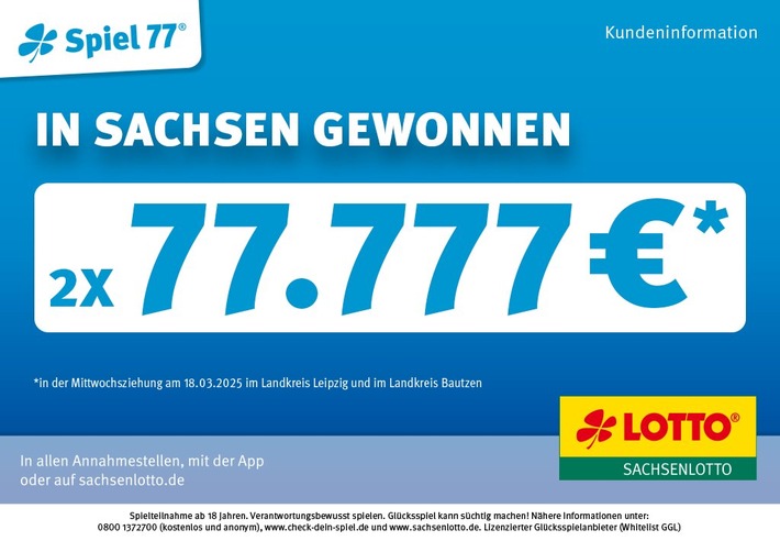 Schon wieder 77.777 Euro gewonnen: Spiel 77 beschert Leipzig und Bautzen doppelte Gewinne | Doppeljackpot am Samstag