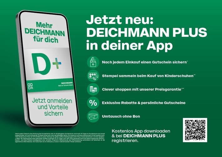 DEICHMANN PLUS-Mitglieder profitieren ab sofort über alle Kanäle hinweg von exklusiven Vorteilen, personalisierten Angeboten und zusätzlichen Services rund um den Schuhkauf. / Weiterer Text über ots und www.presseportal.de/nr/56381 / Die Verwendung dieses Bildes für redaktionelle Zwecke ist unter Beachtung aller mitgeteilten Nutzungsbedingungen zulässig und dann auch honorarfrei. Veröffentlichung ausschließlich mit Bildrechte-Hinweis.