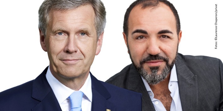 Geehrt: Bundespräsident a.D. Christian Wulff (l.) und Schauspieler Adnan Maral haben die Stiftungspreise 2020 der Helga und Edzard Reuter-Stiftung erhalten. Weiterer Text über ots und www.presseportal.de/nr/145677 / Die Verwendung dieses Bildes ist für redaktionelle Zwecke honorarfrei. Veröffentlichung bitte unter Quellenangabe: "obs/Helga und Edzard Reuter-Stiftung/Fotos: Laurence Chaperon/privat"