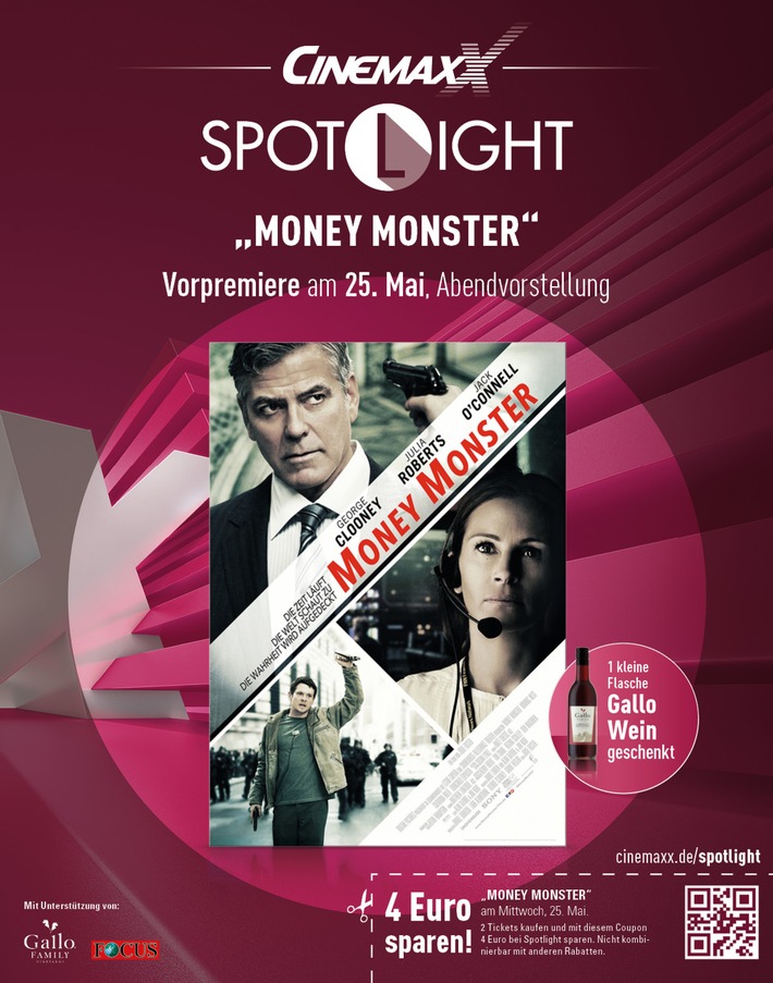 Neue Kinoreihe bei CinemaxX: SPOTLIGHT präsentiert handverlesene Filme als Preview mit köstlichem Extra / &quot;Money Monster&quot; mit Julia Roberts und George Clooney eröffnet SPOTLIGHT am 25. Mai