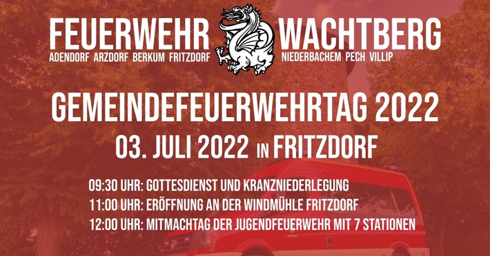 FW Wachtberg: Safe the date: Gemeindefeuerwehrtag 2022 am 03.07.2022