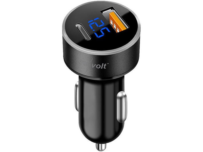 revolt Kfz-USB-Ladegerät, LED-Spannungsanzeige, USB-C PD &amp; USB Typ A, 32 Watt: Lädt bis zu 2 USB-Mobilgeräte und zeigt die Kfz-Batteriespannung an