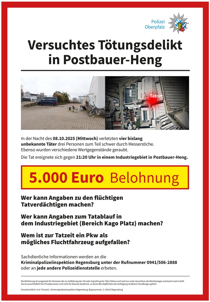 POL-MFR: (1135) Versuchtes Tötungsdelikt in Postbauer-Heng - Kriminalpolizei Regensburg veröffentlicht Fahndungsplakat