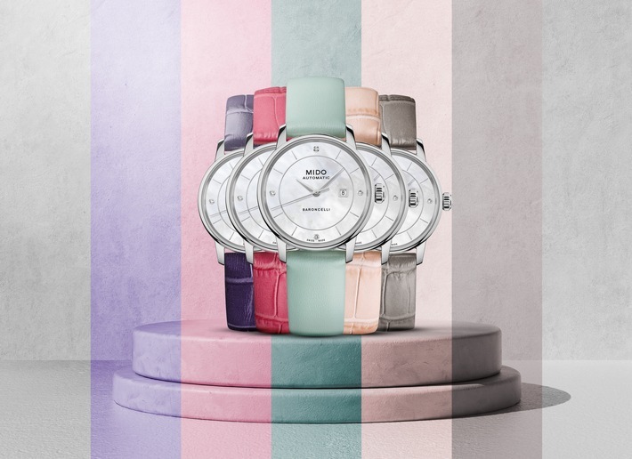Eine Uhr für jedes Outfit: Die Automatikuhr Mido Baroncelli Signature Lady Colours mit Wechselbändern in fünf Farben für 1.050,00 Euro unter https://www.midowatches.com/de/ oder im Fachhandel. / Weiterer Text über ots und www.presseportal.de/nr/162911 / Die Verwendung dieses Bildes für redaktionelle Zwecke ist unter Beachtung aller mitgeteilten Nutzungsbedingungen zulässig und dann auch honorarfrei. Veröffentlichung ausschließlich mit Bildrechte-Hinweis.