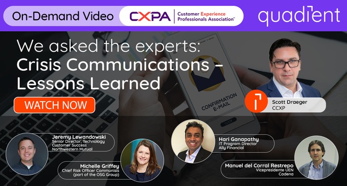 Coronakrise: Unternehmen senden 30 Prozent mehr E-Mails an Kunden / Wie kommunizieren Unternehmen in Krisensituationen mit ihren Kunden? Im von CXPA und Quadient organisierten Webinar werden interessante Beispiele dargestellt. Weiterer Text über ots und www.presseportal.de/nr/138241 / Die Verwendung dieses Bildes ist für redaktionelle Zwecke honorarfrei. Veröffentlichung bitte unter Quellenangabe: "obs/Quadient Germany GmbH" Coronakrise: Unternehmen senden 30 Prozent mehr E-Mails an Kunden / Wie kommunizieren Unternehmen in Krisensituationen mit ihren Kunden? Im von CXPA und Quadient organisierten Webinar werden interessante Beispiele dargestellt. Weiterer Text über ots und www.presseportal.de/nr/138241 / Die Verwendung dieses Bildes ist für redaktionelle Zwecke honorarfrei. Veröffentlichung bitte unter Quellenangabe: "obs/Quadient Germany GmbH"