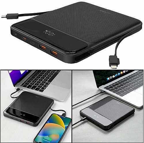 Mobile Geräte laden und den Ladestatus per LED-Display im Blick: revolt Ultra-Slim-Powerbank PB-410, 120 Watt, 20.000 mAh, PD, Display, USB-Ports & Kabel