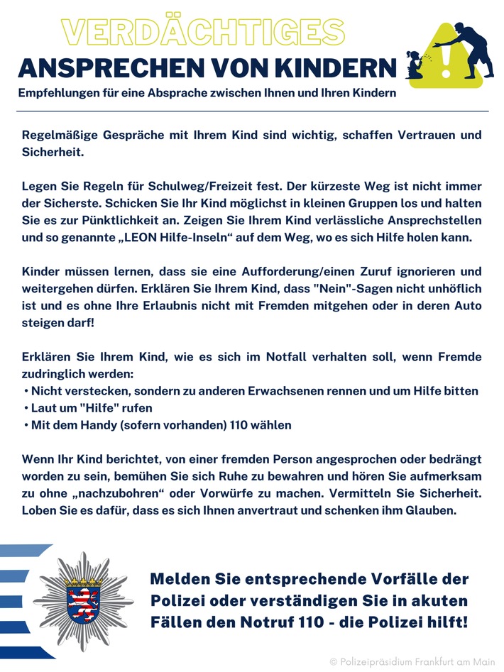 POL-F: 220512 - 0518 Frankfurt: Verdächtiges Ansprechen von Kindern