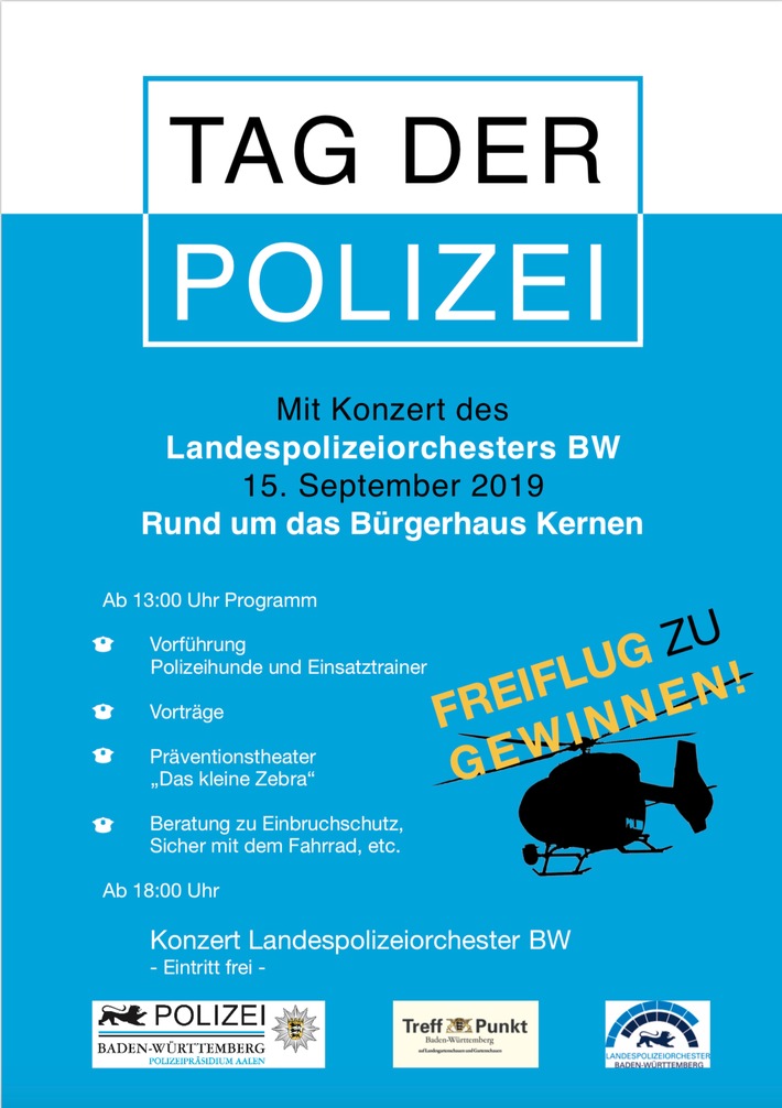 POL-AA: Einladung zum "Tag der Polizei" mit Konzert des Landespolizeiorchesters Baden-Württemberg am 15. September 2019 rund um das Bürgerhaus in Kernen im Remstal