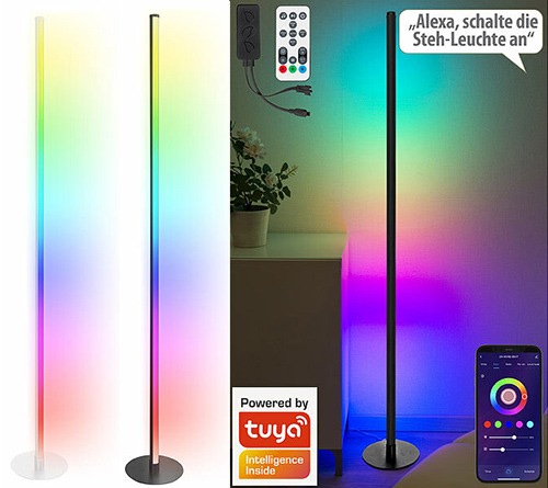 Beeindruckendes Licht für jede Gelegenheit: Luminea Home Control WLAN-Steh-/Eck-Leuchte, RGB-IC-LEDs, 12 Watt, dimmbar, App, 155 cm, weiß und schwarz
