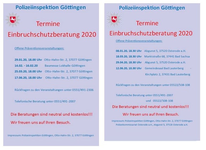 POL-GÖ: (110/2020) &quot;Corona-Virus&quot; - Öffentliche Präventionsveranstaltungen der Polizei zum Thema &quot;Einbruchschutz&quot; am 18. März in Bad Sachsa und 25. März in Göttingen abgesagt!