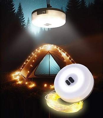 Praktische Akku-Leuchte für Camping und Co.: Lunartec 2in1-Akku-Campingleuchte mit Lichterkette, 6 Modi, IPX4, 10m, 130 LEDs