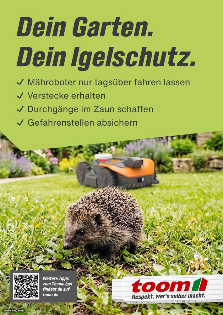 Stachelige Untermieter: Igelschutz im eigenen Garten / toom informiert zum verantwortungsvollen Umgang mit Mährobotern