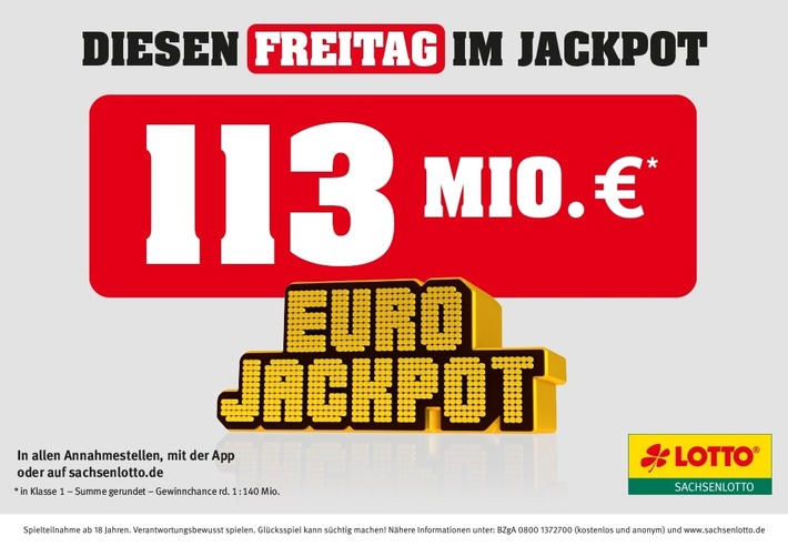 Mega-Jackpot zur nächsten Ziehung: 113 Millionen Euro sind am Freitag im Eurojackpot