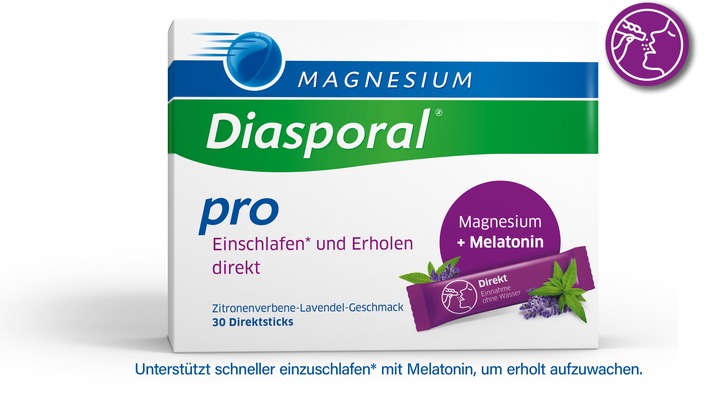 Das neue Magnesium Diasporal® Pro Einschlafen* und Erholen direkt ist eine Kombination von Magnesium mit Melatonin und B-Vitaminen im Direktstick zur praktischen Einnahme ohne Wasser. Für gute Nächte und noch bessere Tage.

Fotorechte und -verwendung:
Verwendung der Fotos kostenfrei und nur im Textzusammenhang mit dieser Pressemitteilung und Nennung der ©Bildquelle genehmigt! / Weiterer Text über ots und www.presseportal.de/nr/79747 / Die Verwendung dieses Bildes für redaktionelle Zwecke ist unter Beachtung aller mitgeteilten Nutzungsbedingungen zulässig und dann auch honorarfrei. Veröffentlichung ausschließlich mit Bildrechte-Hinweis.