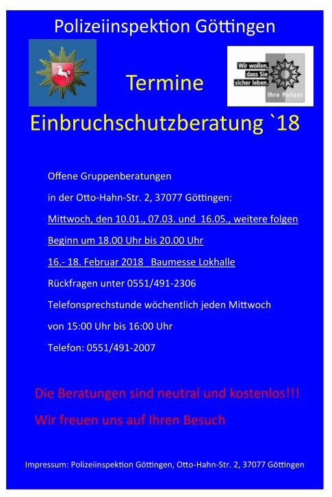 POL-GÖ: (7/2018) Polizeiinspektion Göttingen setzt &quot;Beratungsoffensive für wirksamen Einbruchschutz&quot; fort - Erste Infoveranstaltung 2018 am 10. Januar in Göttingen, Anmeldung nicht erforderlich!