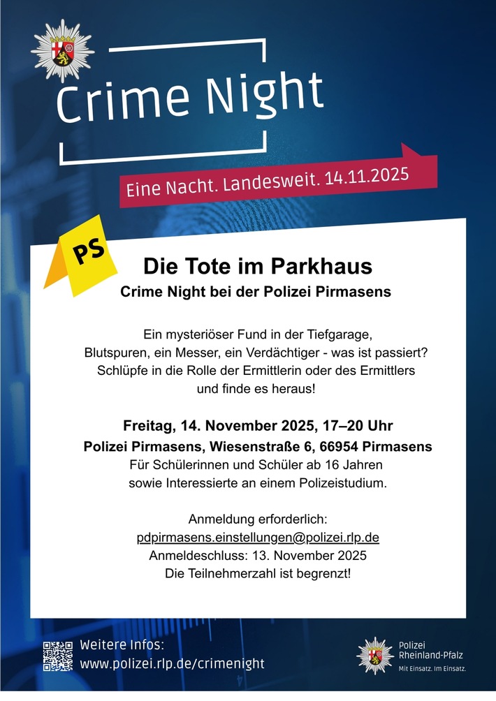 POL-PPWP: Zweite landesweite "Crime Night" der Polizei Rheinland-Pfalz am 14. November 2025