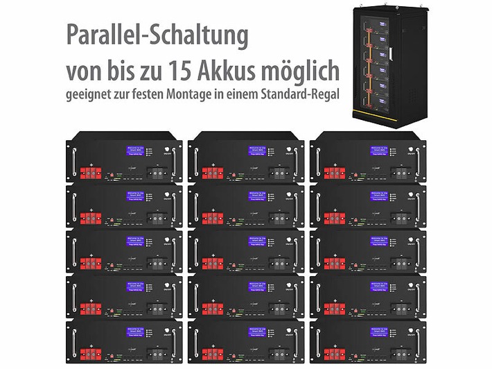 revolt LiFePO4-Akku zur Rack-Montage, BMS, 48 V, 100 Ah, extra-zyklenfest: Solarstrom-Speicher für die Solaranlage: für Geräte-Betrieb zu jeder Zeit