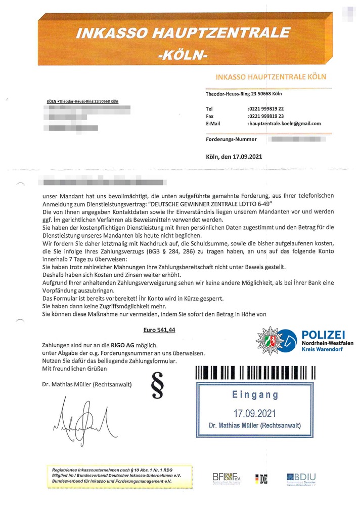 POL-WAF: Kreis Warendorf. Fake-Briefe von Inkasso-Unternehmen